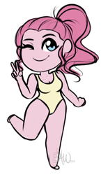 Size: 1356x2344 | Tagged: safe, artist:fairdahlia, character:pinkie pie, my little pony:equestria girls, alternate hairstyle, anatomically incorrect, clothing, female, incorrect leg anatomy, no nose, one eye closed, one-piece swimsuit, smiling, solo, swimsuit, wink