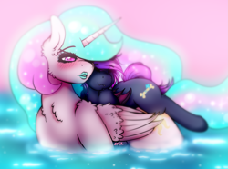 Size: 2727x2028 | Tagged: safe, artist:aaa-its-spook, character:princess celestia, oc, oc:spook, species:demon pony, canon x oc, ethereal mane, fangs, female, glowing cutie mark, glowing mane, larger female, lesbian, lipstick, makeup, piggyback ride, shipping, size difference, swimming, water
