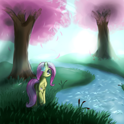 Size: 800x800 | Tagged: safe, artist:fajeh, character:fluttershy, species:pegasus, species:pony, backlighting, female, flower in hair, mare, rear view, river, solo, tree