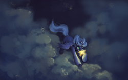 Size: 850x530 | Tagged: safe, artist:noel, character:princess luna, species:pony, cloud, cloudy, female, filly, flying, mouth hold, night, solo, stars, tangible heavenly object, woona