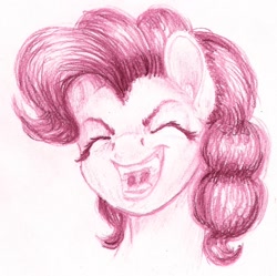 Size: 1024x1021 | Tagged: safe, artist:thatonegib, character:pinkie pie, species:earth pony, species:pony, bust, eyelashes, eyes closed, female, mare, monochrome, open mouth, pencil drawing, portrait, simple background, smiling, solo, traditional art, white background