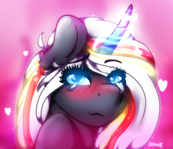 Size: 1920x1659 | Tagged: safe, artist:aaa-its-spook, oc, oc only, oc:velvet remedy, species:pony, species:unicorn, fallout equestria, blue eyes, blushing, female, glowing horn, looking at you, magic, solo, sparkly mane