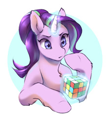 Size: 648x712 | Tagged: safe, artist:kerydarling, character:starlight glimmer, species:pony, species:unicorn, confused, female, glowing horn, magic, mare, rubik's cube, semi-anthro, solo, telekinesis