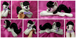 Size: 1600x807 | Tagged: safe, artist:equinepalette, character:octavia melody, species:earth pony, species:pony, beanie (plushie), bow tie, hand, irl, photo, plushie, prone, solo