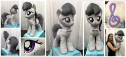 Size: 1600x730 | Tagged: safe, artist:equinepalette, character:octavia melody, species:earth pony, species:human, species:pony, bow tie, female, irl, irl human, life size, mare, photo, plushie, solo, standing
