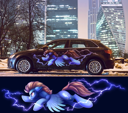 Size: 1647x1456 | Tagged: safe, artist:dragonataxia, character:lightning dust, species:pegasus, species:pony, audi, audi a3, car, decal, irl, itasha, moscow, photo, solo