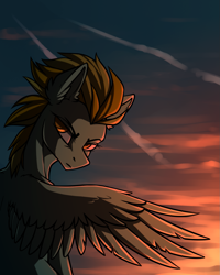 Size: 1075x1342 | Tagged: safe, artist:dragonataxia, character:lightning dust, species:pegasus, species:pony, female, frown, looking back, solo, spread wings, twilight (astronomy), wings