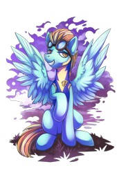 Size: 2027x3000 | Tagged: safe, artist:dragonataxia, character:lightning dust, species:pegasus, species:pony, clothing, female, goggles, grin, mare, simple background, smiling, solo, spread wings, transparent background, uniform, wings, wonderbolt trainee uniform