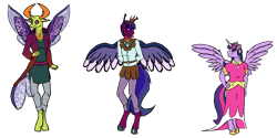 Size: 1800x900 | Tagged: safe, artist:percy-mcmurphy, character:thorax, character:twilight sparkle, character:twilight sparkle (alicorn), oc, oc:alistair, parent:thorax, parent:twilight sparkle, parents:twirax, species:alicorn, species:anthro, species:changeling, species:changepony, species:pony, species:reformed changeling, species:unguligrade anthro, ship:twirax, antennae, antlers, clothing, colored sclera, crown, dress, female, hoof shoes, horn, hybrid, insect wings, interspecies offspring, jewelry, male, next generation, offspring, regalia, shipping, simple background, size difference, smiling, straight, tongue out, transparent background, trio, wings