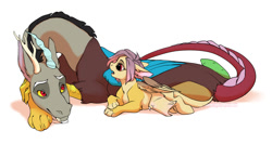 Size: 1384x737 | Tagged: safe, artist:kerydarling, character:discord, oc, oc:ellen, parent:discord, parent:fluttershy, parents:discoshy, species:draconequus, father and daughter, female, hybrid, interspecies offspring, male, offspring, simple background, white background
