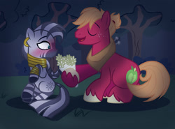 Size: 1800x1331 | Tagged: safe, artist:thepegasisterpony, base used, character:big mcintosh, character:zecora, species:pony, species:zebra, ship:macora, alternate hairstyle, blushing, bouquet, ear piercing, earring, eyes closed, female, flower, forest, jewelry, male, night, piercing, shipping, sitting, stallion, story included, straight