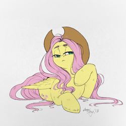 Size: 2160x2160 | Tagged: safe, artist:amishy, character:fluttershy, species:pegasus, species:pony, accessory swap, adorasexy, applejack's hat, clothing, cowboy hat, cute, female, hat, mare, prone, sexy, smug, smugshy, solo