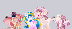 Size: 1944x796 | Tagged: safe, artist:muserkikki, artist:owl-clockwork, base used, oc, oc only, oc:caring heart, oc:crystal heart, oc:napoleon, parent:big macintosh, parent:fluttershy, parent:princess cadance, parent:shining armor, parents:fluttermac, parents:shiningcadance, species:alicorn, species:pegasus, species:pony, species:unicorn, alicorn oc, chest fluff, coat markings, collaboration, colored pupils, colored wings, colored wingtips, ear fluff, female, leonine tail, male, mare, next generation, offspring, stallion, tail feathers, trio