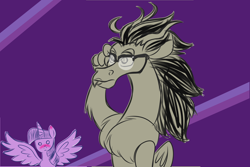 Size: 3000x2000 | Tagged: safe, artist:turkleson, character:discord, character:twilight sparkle, character:twilight sparkle (alicorn), oc:eris, species:alicorn, species:pony, ship:discolight, abstract background, female, glasses, half r63 shipping, lesbian, rule 63, shipping, sketch, twieris