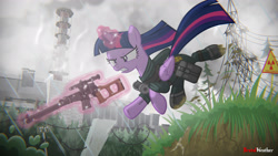 Size: 3840x2160 | Tagged: safe, artist:brutalweather studio, character:twilight sparkle, character:twilight sparkle (alicorn), species:alicorn, species:pony, angry, badass, chernobyl nuclear power plant, crossover, female, glowing horn, gun, magic, mare, radiation symbol, rain, rifle, s.t.a.l.k.e.r., shadow of chernobyl, sniper rifle, solo, tattoo, twilight is not amused, unamused, vss vintorez, weapon