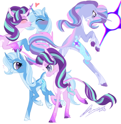 Size: 780x800 | Tagged: safe, artist:creeate97, character:starlight glimmer, character:trixie, oc, oc:trixie glimmer, species:classical unicorn, species:pony, species:unicorn, ship:startrix, cloven hooves, colored hooves, ear fluff, female, fusion, heart, kissing, leonine tail, lesbian, mare, shipping, simple background, trixie glimmer, unshorn fetlocks, white background