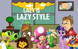 Size: 738x463 | Tagged: safe, artist:drypony198, character:button mash, character:twilight sparkle, species:earth pony, species:pony, boomerang, caillou, crossover, eric, frisk, goanimate, homer simpson, kayloo, lazy is lazy, mario, peashooter, plants vs zombies, plants vs zombies 2: it's about time, toadette, undertale