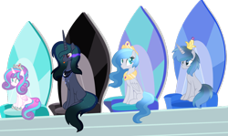 Size: 1024x611 | Tagged: safe, artist:leanne264, base used, character:princess flurry heart, oc, oc:akyfall, oc:dark galaxy, oc:maximus, parent:king sombra, parent:princess celestia, parent:princess luna, parent:royal guard, parents:guardlestia, parents:lumbra, species:pegasus, species:pony, species:unicorn, alicorn thrones, crown, female, jewelry, male, mare, next generation, offspring, older, regalia, simple background, stallion, tongue out, transparent background