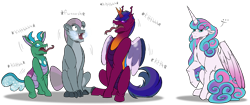 Size: 4096x1714 | Tagged: safe, artist:percy-mcmurphy, character:princess flurry heart, oc, oc:alistair, oc:greyscale, oc:scutellum, parent:pharynx, parent:silver spoon, parent:spike, parent:thorax, parent:twilight sparkle, parents:silverspike, parents:twirax, species:alicorn, species:changeling, species:changepony, species:dracony, species:pony, species:reformed changeling, g4, ..., antennae, colored sclera, cousins, hybrid, hybrid wings, one of these things is not like the others, parent:oc:larynx, parents:phlarynx, simple background, size difference, tongue out, transparent background