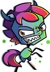 Size: 937x1356 | Tagged: safe, artist:amberpone, oc, oc only, oc:pompous pep, species:pony, species:unicorn, blue coat, brown eyes, digital art, expression, eyes open, freckles, invader zim, jhonen vasquez style, lighting, looking at you, male, original character do not steal, paint tool sai, purple mane, shading, short hair, simple background, smiling, stallion, standing, teeth, transparent background, ych result
