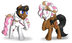 Size: 4961x3000 | Tagged: safe, artist:timsplosion, oc, oc:doctor haywick, oc:nurse haywick, oc:pink pepper, species:pony, species:unicorn, clothing, commission, costume, disguised as each other, duo, female, high res, looking at each other, mare, mask, masking, ponysuit, rule 63, simple background, smiling, transparent background