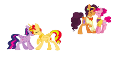Size: 1656x792 | Tagged: safe, artist:thepegasisterpony, base used, character:pinkie pie, character:saffron masala, character:sunset shimmer, character:twilight sparkle, character:twilight sparkle (alicorn), species:alicorn, species:earth pony, species:pony, species:unicorn, ship:saffronpie, ship:sunsetsparkle, alicornified, cuddling, cute, diapinkes, eyes closed, female, jewelry, lesbian, mare, race swap, regalia, saffronbetes, shimmerbetes, shimmercorn, shipping, simple background, transparent background, twiabetes