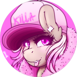 Size: 1032x1032 | Tagged: safe, artist:aaa-its-spook, oc, oc:cam, species:earth pony, species:pony, accessories, clothing, ear piercing, earring, female, fur coat, gift art, hat, jewelry, looking at you, piercing, pink, pink eyes, solo, tongue out