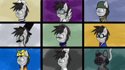 Size: 2560x1440 | Tagged: safe, artist:rainb0wdashie, oc, oc only, oc:tabula rasa, ace attorney, chef, clothing, construction pony, diving suit, glasses, goggles, hat, monocle, monocle and top hat, phoenix wright, sailor, scientist, soldier, top hat