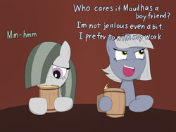 Size: 1600x1200 | Tagged: safe, artist:garammasara, character:limestone pie, character:marble pie, species:earth pony, species:pony, alcohol, apple cider (drink), dialogue, jealous