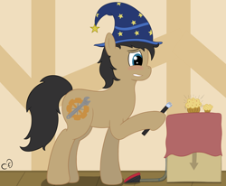 Size: 3114x2564 | Tagged: safe, artist:cogsfixmore, oc, oc only, oc:cogs fixmore, species:earth pony, species:pony, box, clothing, cute, cutie mark, food, hat, high res, muffin, solo, wand, wizard hat