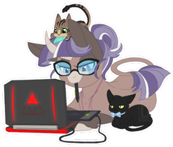 Size: 500x424 | Tagged: safe, artist:curiouskeys, oc, oc only, oc:curious keys, ponysona, species:hinny, species:pony, species:unicorn, cat, computer, curved horn, glasses, laptop computer, simple background, transparent background