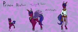 Size: 4096x1714 | Tagged: safe, artist:percy-mcmurphy, oc, oc:alistair, parent:thorax, parent:twilight sparkle, parents:twirax, species:alicorn, species:anthro, species:changeling, species:changepony, species:pony, species:reformed changeling, antennae, colored sclera, crown, foal, hybrid, hybrid wings, jewelry, regalia