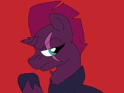 Size: 1024x768 | Tagged: safe, artist:wolfspiritclan, character:tempest shadow, species:pony, species:unicorn, armor, broken horn, eye scar, female, mare, original art, red background, sad, scar, scar on the wrong side, simple background, solo