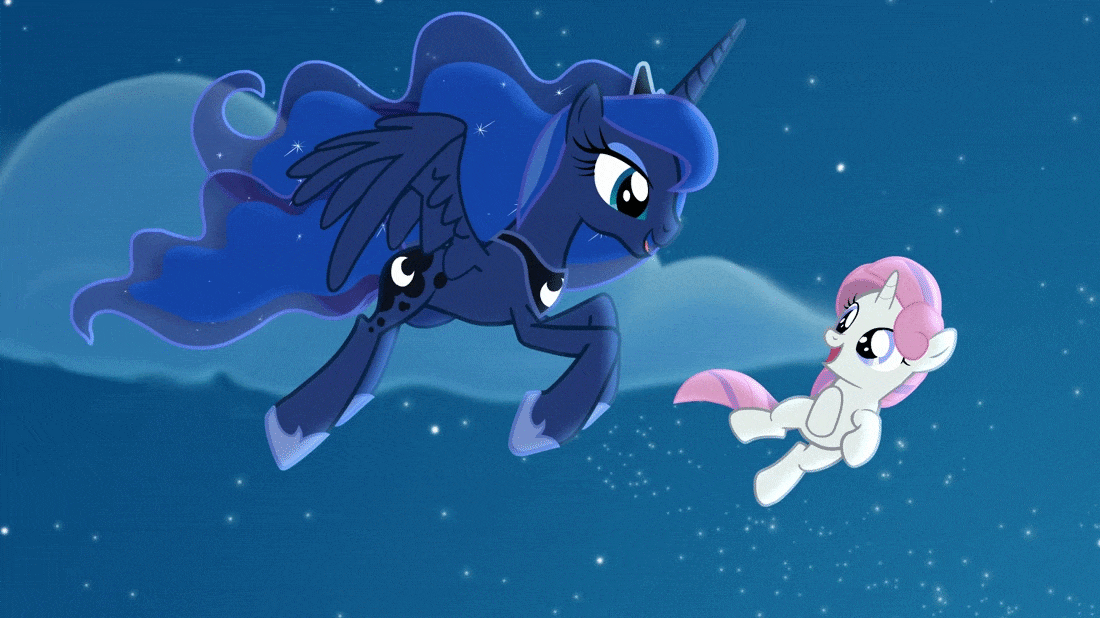 Size: 1100x618 | Tagged: dead source, safe, artist:anima-dos, artist:duo cartoonist, artist:lionheartcartoon, character:princess luna, oc, oc:moondancer, species:alicorn, species:pony, species:unicorn, animated, beautiful, children of the night, cute, female, filly, flying, gif, lunabetes, mare, motherly, night, nuzzling, show accurate, singing, weapons-grade cute, wings, youtube link