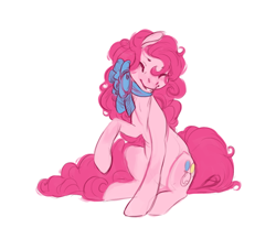 Size: 740x614 | Tagged: safe, artist:noel, character:pinkie pie, species:earth pony, species:pony, cute, eyes closed, female, mare, neck bow, one hoof raised, simple background, smiling, solo