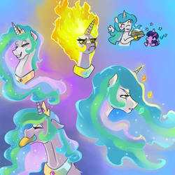 Size: 2000x2000 | Tagged: safe, artist:mylittlegodzilla, character:princess celestia, character:twilight sparkle, species:alicorn, species:pony, angry, eyes closed, female, fire, food, looking at you, mane on fire, mare, pancakes, ragelestia, smiling