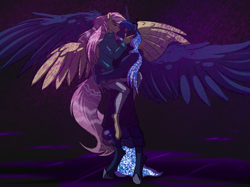 Size: 2732x2048 | Tagged: safe, artist:percy-mcmurphy, character:fluttershy, character:princess luna, species:alicorn, species:anthro, species:pegasus, species:pony, species:unguligrade anthro, ship:lunashy, clothing, dress, eyes closed, female, kissing, lesbian, mare, purple rain, shipping