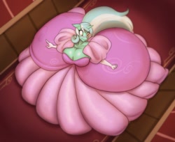 Size: 1280x1047 | Tagged: safe, artist:toughset, character:lyra heartstrings, species:anthro, species:pony, species:unicorn, big breasts, blushing, breasts, busty lyra heartstrings, cleavage, clothing, dress, evening gloves, female, from above, gloves, gown, hallway, huge breasts, impossibly large dress, long gloves, mansion, perspective, poofy shoulders, skirt, solo, stuck