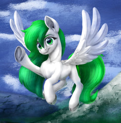 Size: 1024x1047 | Tagged: safe, artist:thatonegib, oc, oc only, oc:peri, species:pegasus, species:pony, chest fluff, cloud, commission, female, flying, gift art, green hair, hooves, long mane, long tail, looking at you, mare, mountain, smiling, snow, solo, spread wings, wings