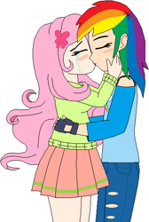 Size: 366x545 | Tagged: safe, artist:wolf, character:fluttershy, character:rainbow dash, species:human, ship:flutterdash, blushing, clothing, crying, cute, female, fingerless gloves, first kiss, gloves, humanized, kissing, lesbian, love, ripped pants, shipping, skirt, sweater, sweatershy, tears of joy