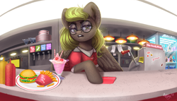 Size: 3234x1856 | Tagged: safe, artist:amishy, oc, oc only, oc:fenderella bass, species:pegasus, species:pony, burger, cash register, clothing, commission, diner, disgusted, female, fisheye lens, food, freckles, french fries, glasses, ice cream, looking at you, mare, nuka cola, oven, shirt, solo