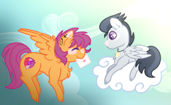 Size: 936x578 | Tagged: safe, artist:leanne264, character:rumble, character:scootaloo, species:pegasus, species:pony, ship:rumbloo, cloud, female, letter, male, mouth hold, prone, shipping, straight