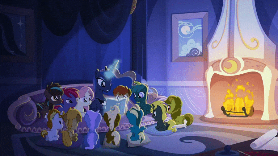 Size: 900x506 | Tagged: dead source, safe, artist:anima-dos, artist:duo cartoonist, artist:lionheartcartoon, character:princess luna, oc, oc:candlelight, oc:fly-by-night, oc:gari, oc:magpie, oc:moondancer, oc:night light, oc:nightshade, oc:spirit, oc:springsign, oc:tingle, oc:trotamundo, oc:wind whisper, species:alicorn, species:pony, animated, beautiful, book, children of the night, colt, cute, female, filly, fireplace, foal, gif, glowing horn, male, mare, night, pillow, reading, youtube link