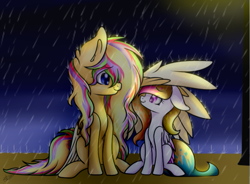 Size: 687x505 | Tagged: safe, artist:xxmelody-scribblexx, oc, oc only, oc:melody scribble, oc:spring splat, species:pegasus, species:pony, covering, duo, female, looking at each other, mare, rain, wing covering, wing umbrella