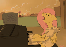 Size: 700x500 | Tagged: safe, artist:swomswom, character:fluttershy, clothing, eyes closed, female, hoodie, musical instrument, piano, semi-anthro, singing, sitting, solo