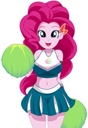 Size: 1107x1607 | Tagged: safe, artist:rosemile mulberry, character:pinkie pie, my little pony:equestria girls, belly button, breasts, busty pinkie pie, cheerleader, cheerleader pinkie, clothing, cute, diapinkes, female, happy, looking at you, midriff, miniskirt, pleated skirt, pom pom, simple background, skirt, smiling, solo, sports bra, white background