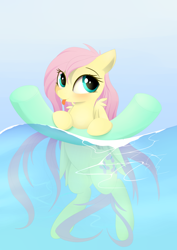 Size: 1024x1447 | Tagged: safe, artist:posionjoke, character:fluttershy, species:pegasus, species:pony, cute, female, mare, pool noodle, shyabetes, smiling, solo, swimming, tongue out, water, wet mane