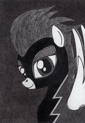 Size: 2440x3504 | Tagged: safe, artist:aracage, character:nightshade, bust, charcoal drawing, clothing, costume, female, portrait, shadowbolts, shadowbolts (nightmare moon's minions), shadowbolts costume, solo, traditional art