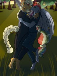 Size: 2048x2732 | Tagged: safe, artist:percy-mcmurphy, character:applejack, character:rainbow dash, species:anthro, species:unguligrade anthro, ship:appledash, clothing, eyes closed, female, kissing, lesbian, shipping, suit