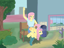 Size: 2224x1668 | Tagged: safe, artist:rusticanon, derpibooru original, character:fluttershy, species:human, species:pegasus, species:pony, abuse, anatomically incorrect, bench, crying, discipline, flutterbuse, human ponidox, humanized, incorrect leg anatomy, ponidox, pony coloring, punishment, red butt, self ponidox, spanked, spanking, trash can, tree, zoo